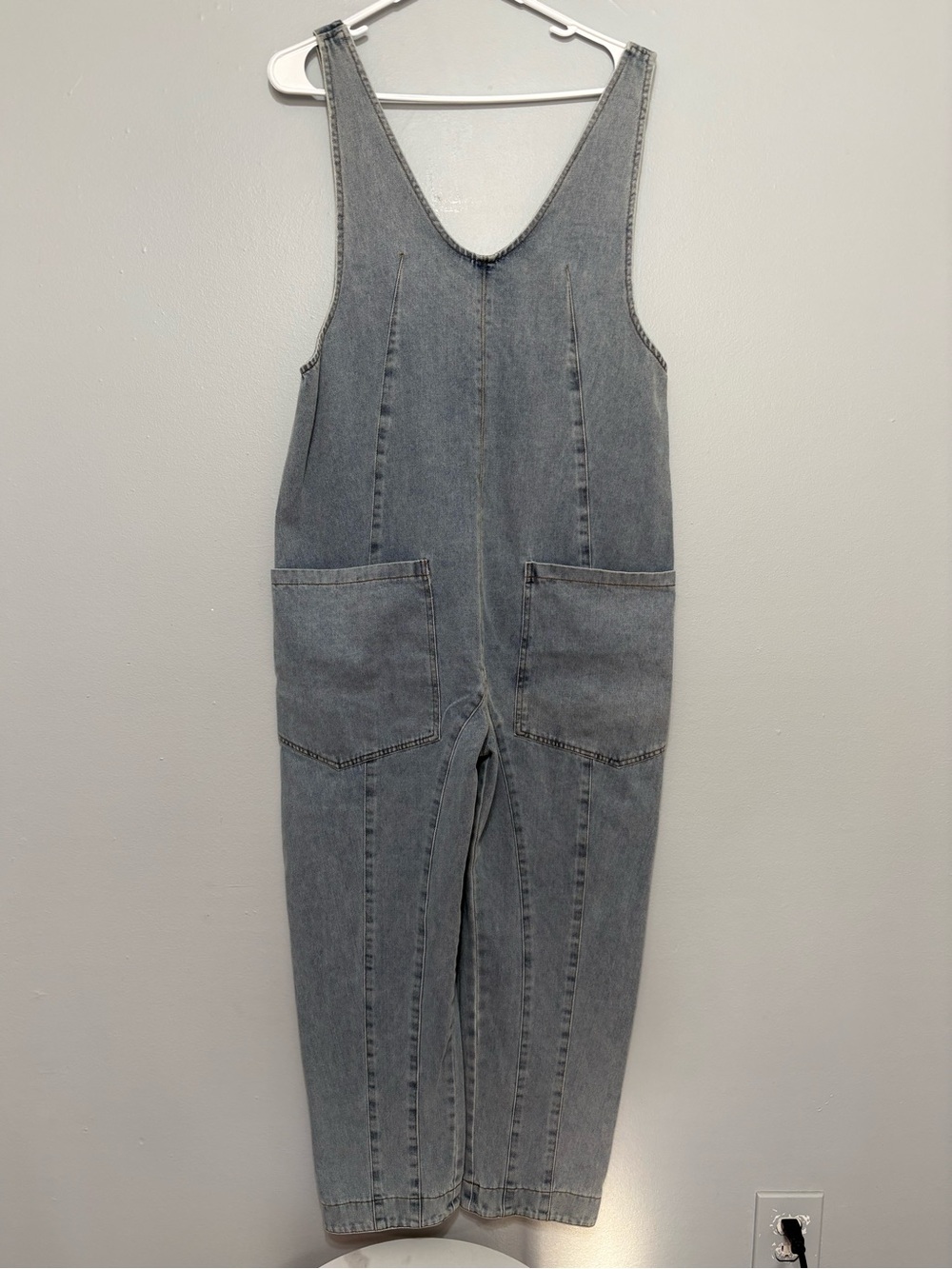 Women's Gray Denim Overalls with Front Patch Pockets